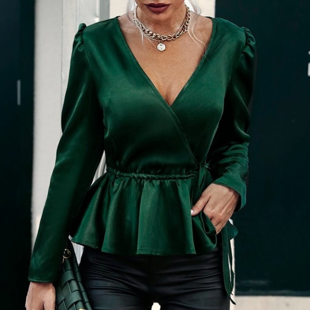 Emerald Green V-neck Satin Peplum Blouse - Picture 2 of 6